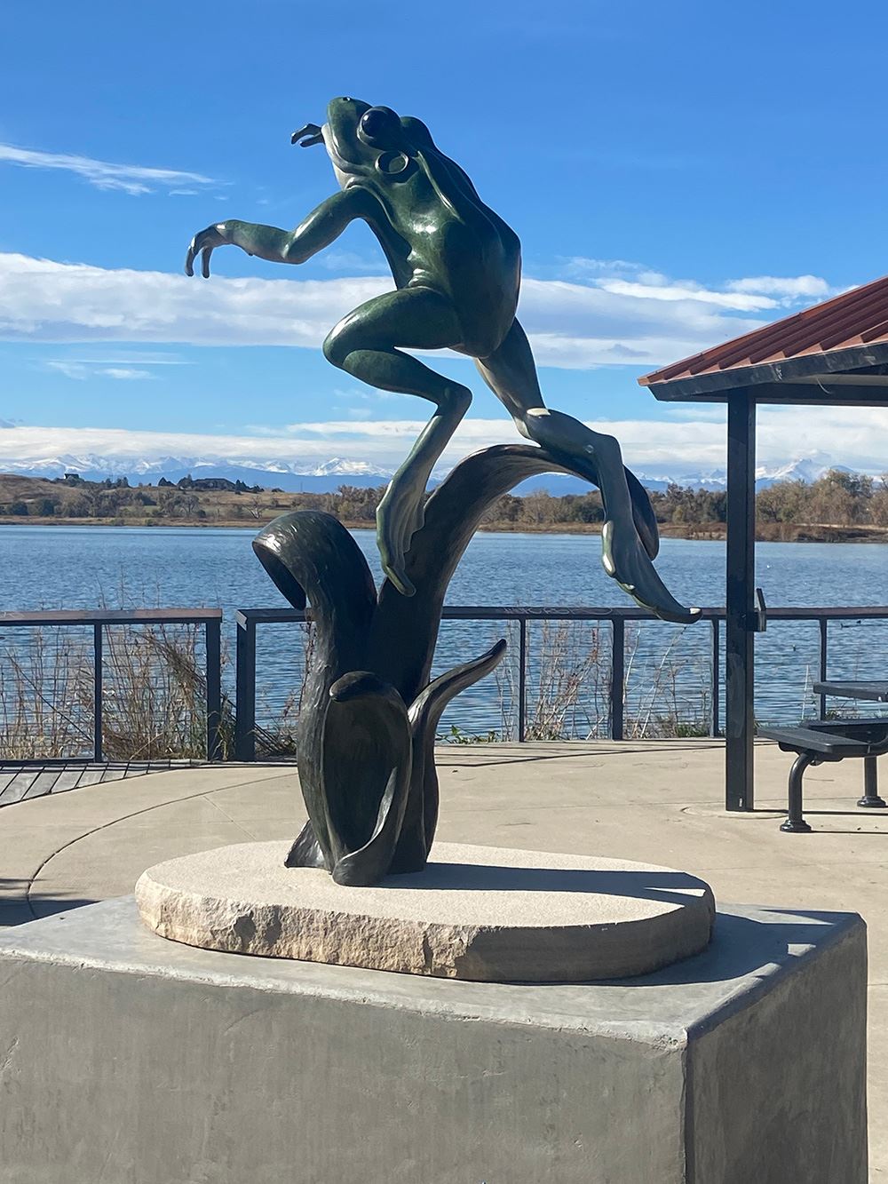 Hop To It  - sculpture of green frog leaping