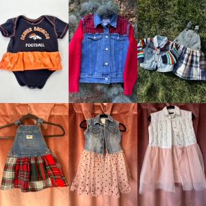 Display of six pieces of upcycled children's clothes with denim and flannels.