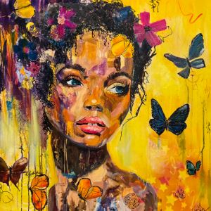 Painting of a woman with flowers and butterflies in her hair on a yellow background.