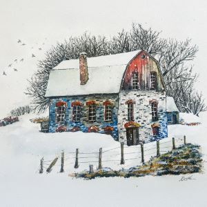 Ink and watercolor drawing of a white and red barn in a snowy landscape. 