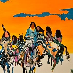 Abstract painting of indigenous people on horses, under an orange sky. 
