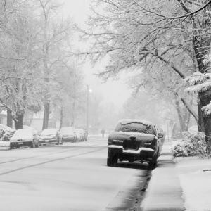 Photograph of a snowy road. 