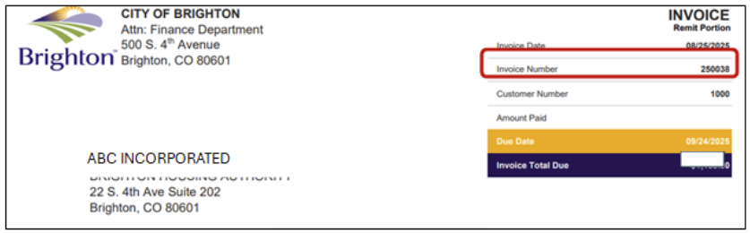 City of Brighton invoice displaying where to find your account number.