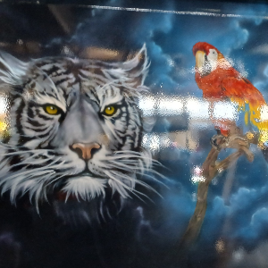 White tiger and parrot